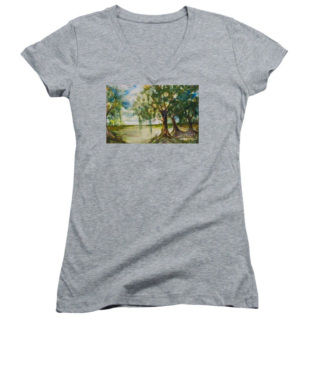 #creativemother Women's V-Neck featuring the painting SwampBank by Francelle Theriot