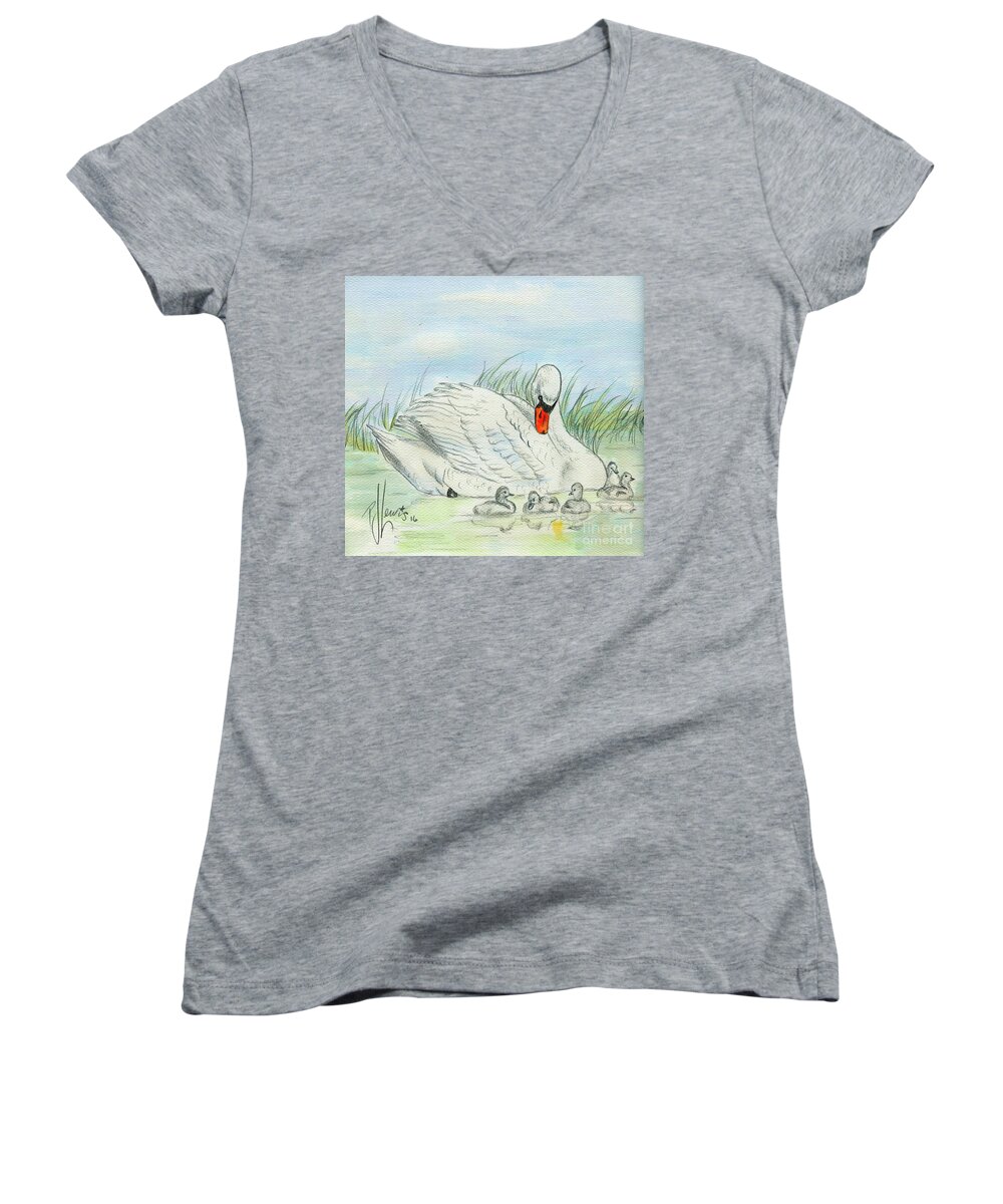 Swan Women's V-Neck featuring the painting Swan Song by PJ Lewis