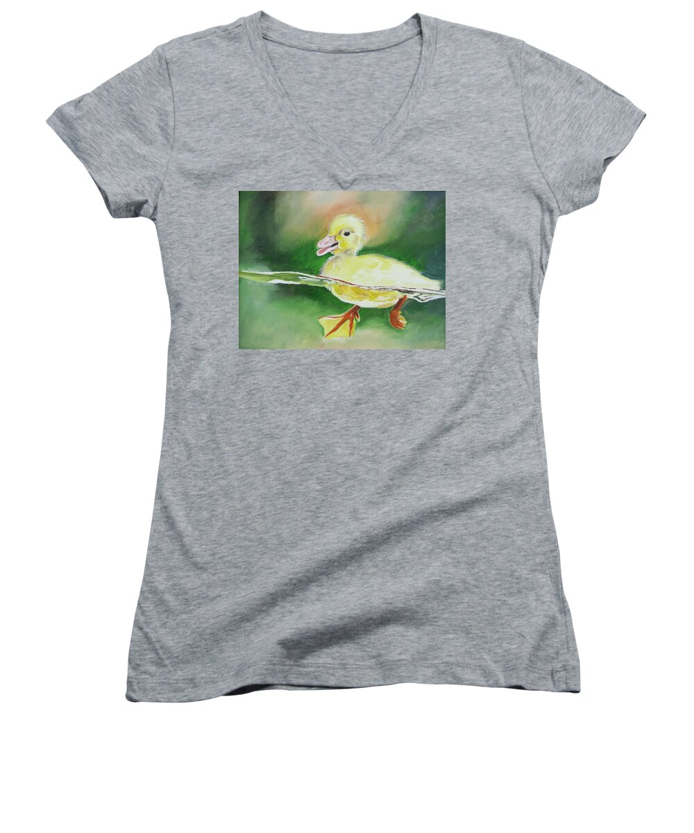 Duck Women's V-Neck featuring the painting Swimming Duckling by Teresa Smith