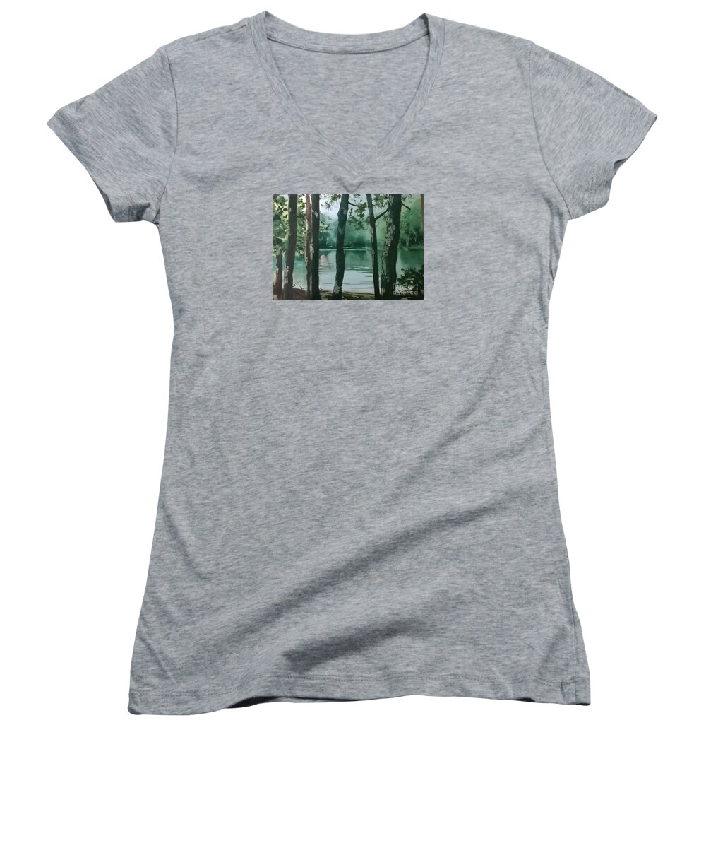 Trees Women's V-Neck featuring the painting Swimming Hole by Elizabeth Carr