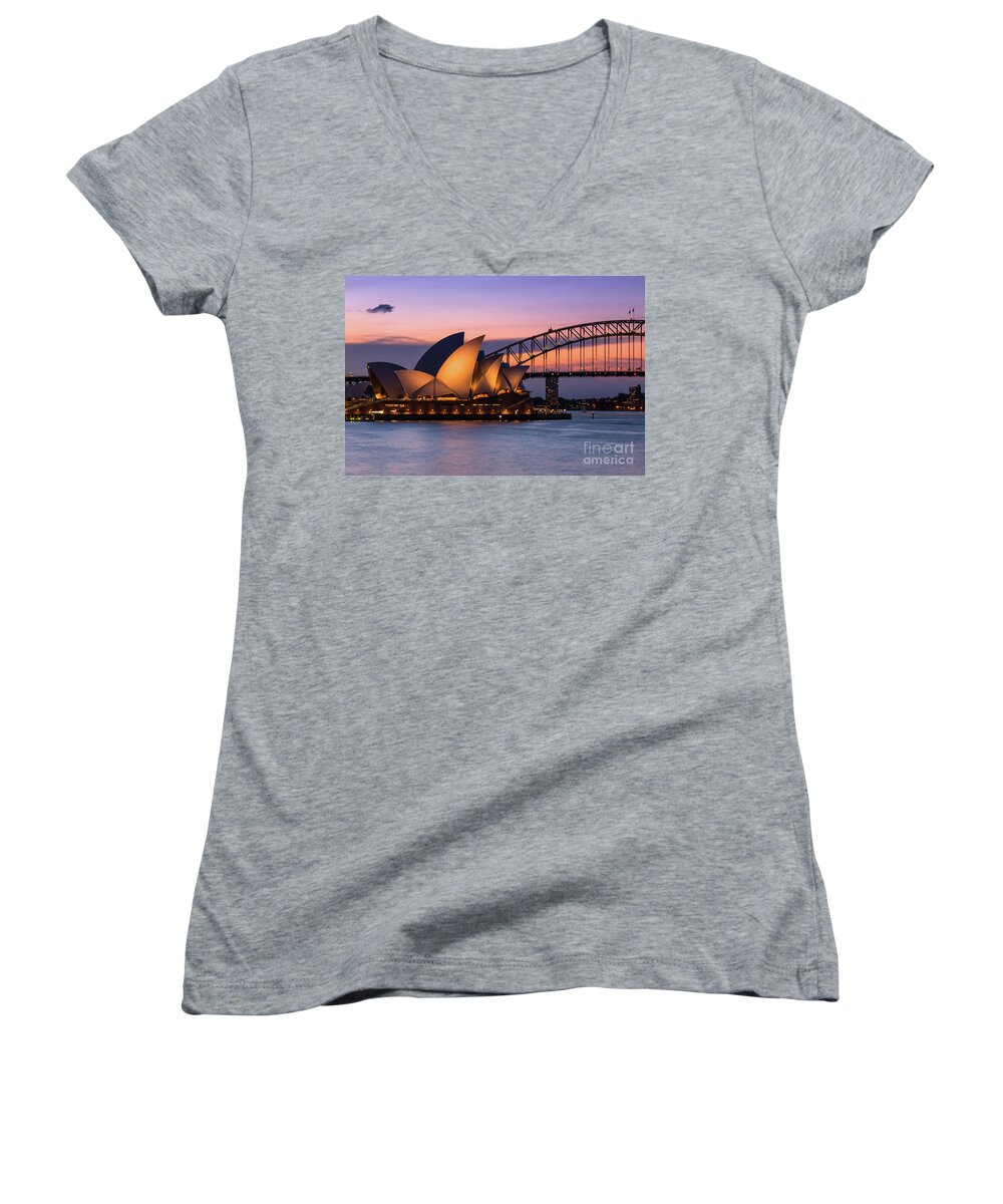 2017 Women's V-Neck featuring the photograph Sydney Opera House and Harbour bridge after sunset by Andrew Michael