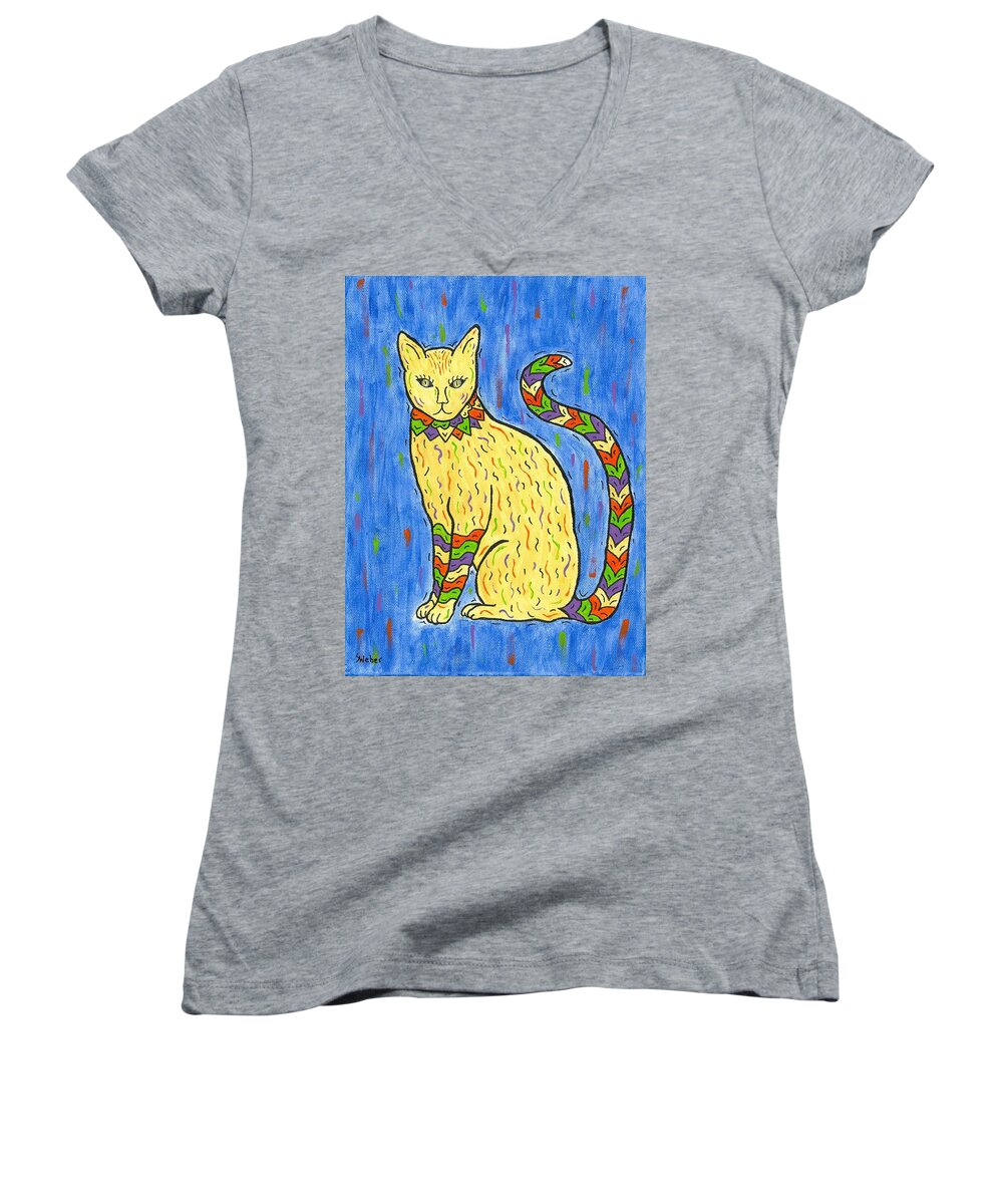 Cat Women's V-Neck featuring the painting Tabby Kat by Susie WEBER