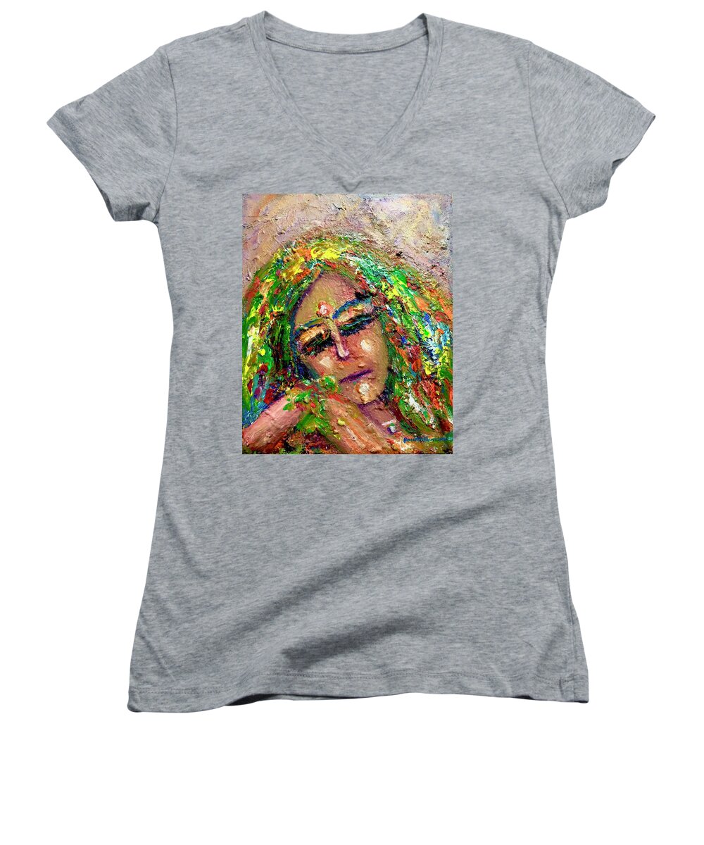  Women's V-Neck featuring the painting Take a rest by Wanvisa Klawklean