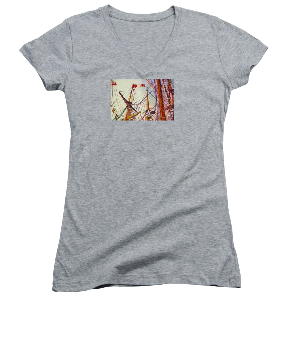 Cynthia Pride Watercolor Paintings Women's V-Neck featuring the painting Tall Ship Lines by Cynthia Pride