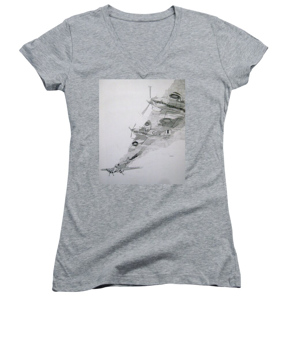 Spitfire Women's V-Neck featuring the drawing Tally-Ho by Ray Agius
