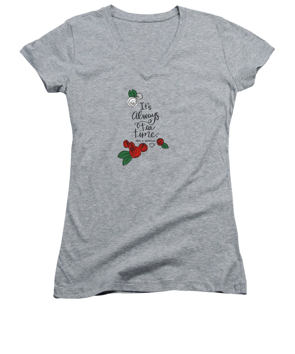 Hand Lettering Women's V-Neck featuring the mixed media Tea Time by Nancy Ingersoll