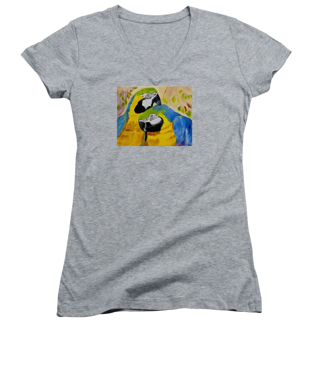 Blue And Yellow Macaws Women's V-Neck featuring the painting Tender Birdsong by Meryl Goudey