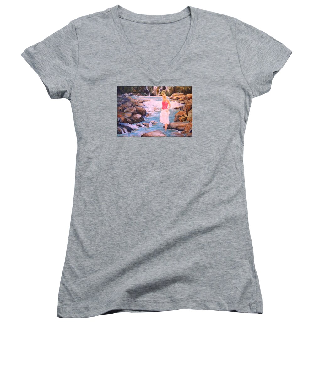 Landscape Women's V-Neck featuring the painting Testing the Water by Alan Lakin