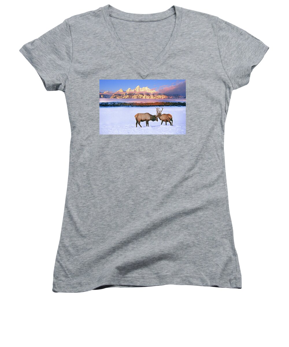 Tetons Women's V-Neck featuring the photograph February Sunrise At Teton Overlook by Buddy Mays