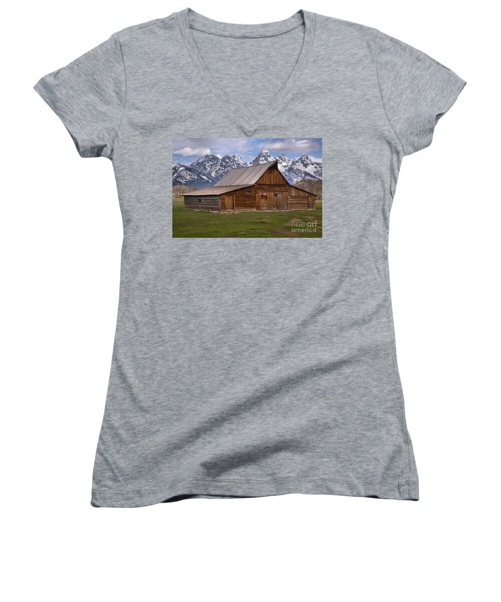 Moulton Barn Women's V-Neck featuring the photograph Tetons Towering Over The Moulton Barn by Adam Jewell