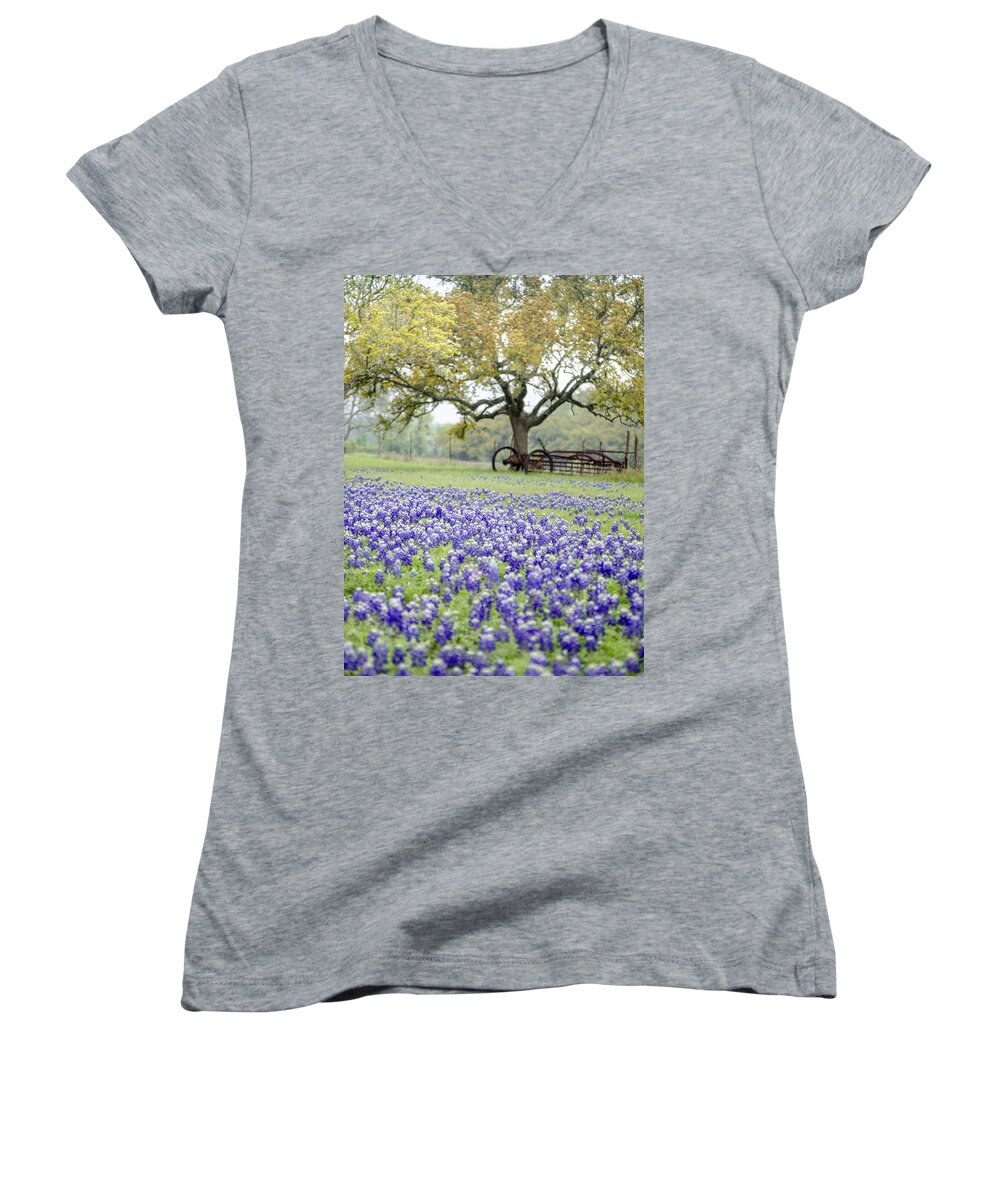 Texas Women's V-Neck featuring the photograph Texas Bluebonnets and Rust by Debbie Karnes