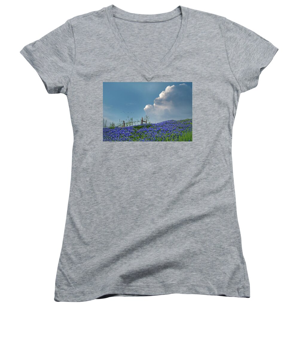 Birds Women's V-Neck featuring the photograph Texas Bluebonnets and Spring Showers by David and Carol Kelly