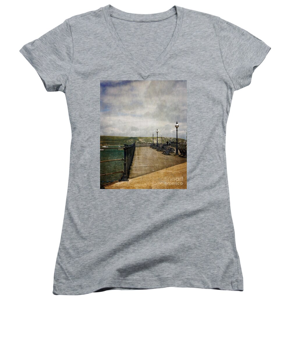 Coast Women's V-Neck featuring the photograph Textures On Swanage Pier by Linsey Williams