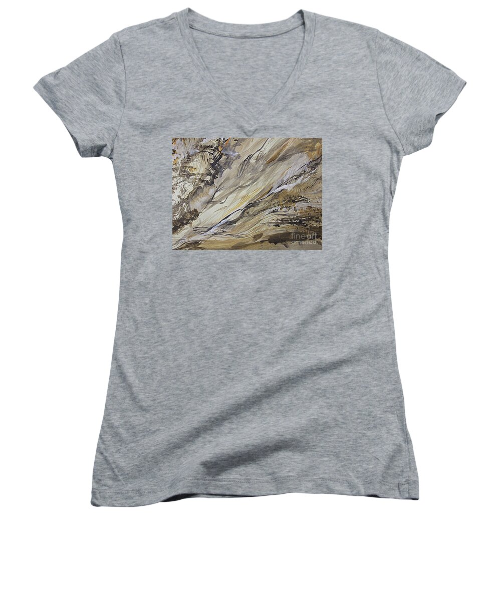 Abstract Gouache And Ink Landscape Women's V-Neck featuring the painting The Avalanche by Nancy Kane Chapman