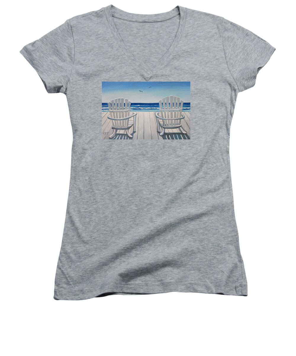 Beach Women's V-Neck featuring the painting The Beach Chairs by Elizabeth Robinette Tyndall