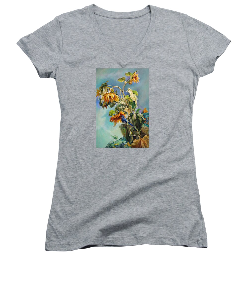 Sunflower Women's V-Neck featuring the painting The Blue Jay who came to breakfast by Svitozar Nenyuk