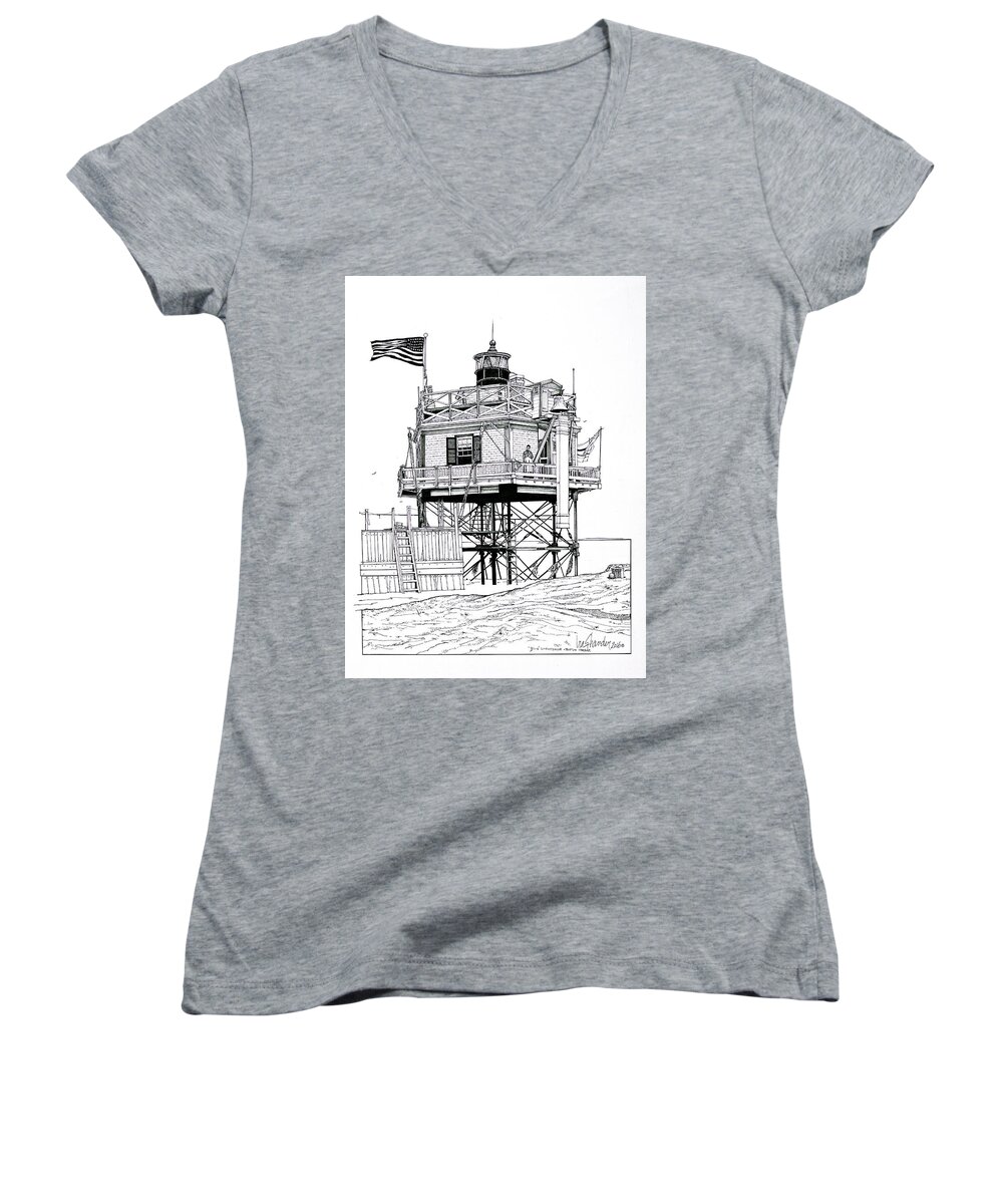 Boston Narrows Light Women's V-Neck featuring the drawing The Boston Narrows Lighthouse by Ira Shander
