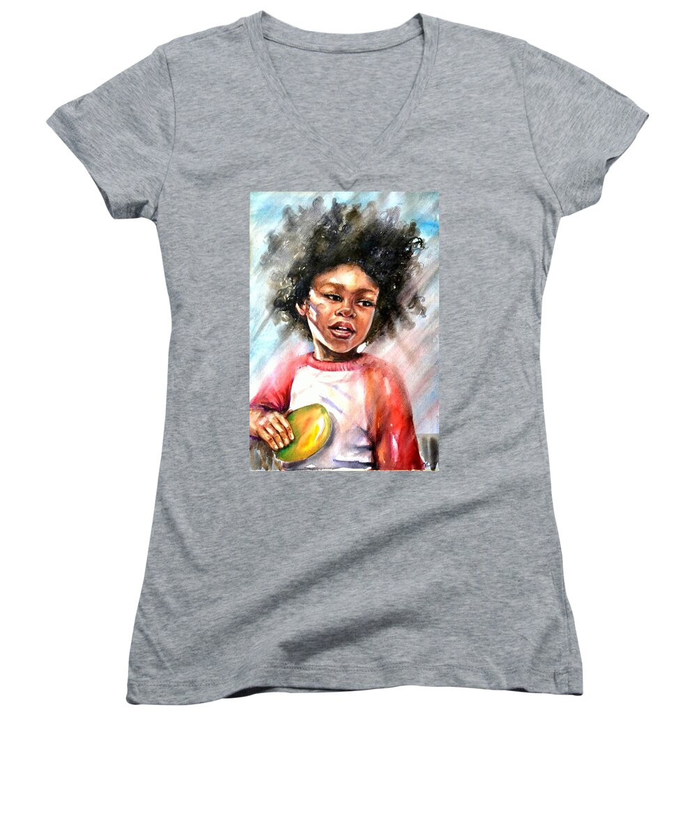 Boy Women's V-Neck featuring the painting The boy with a mango by Katerina Kovatcheva