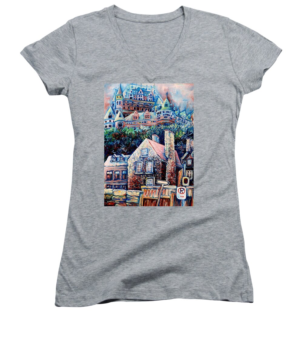  Chateau Frontenac Women's V-Neck featuring the painting The Chateau Frontenac by Carole Spandau