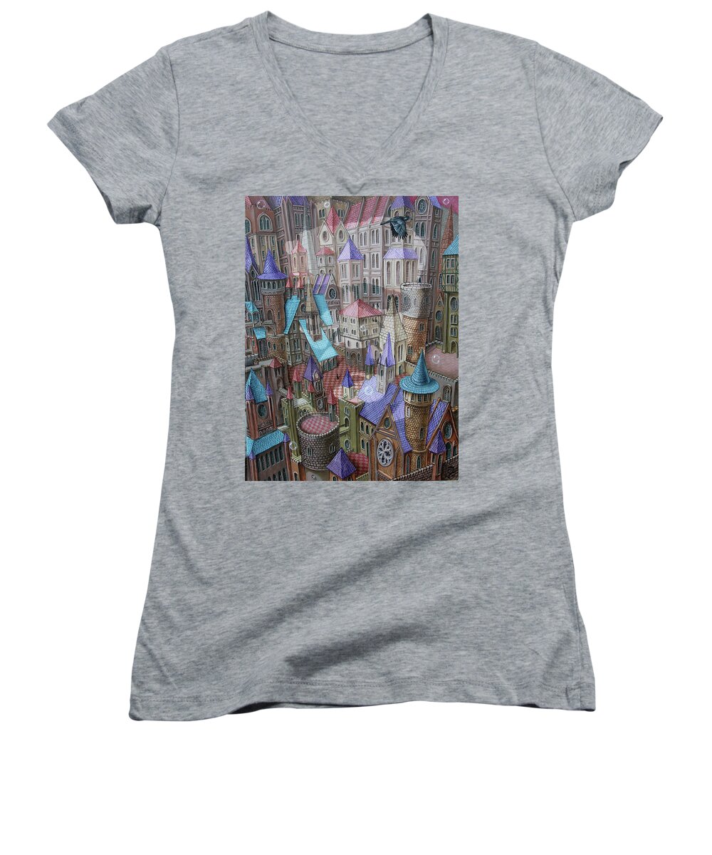 Edgar Alan Poe Women's V-Neck featuring the painting The City of Crow by Victor Molev