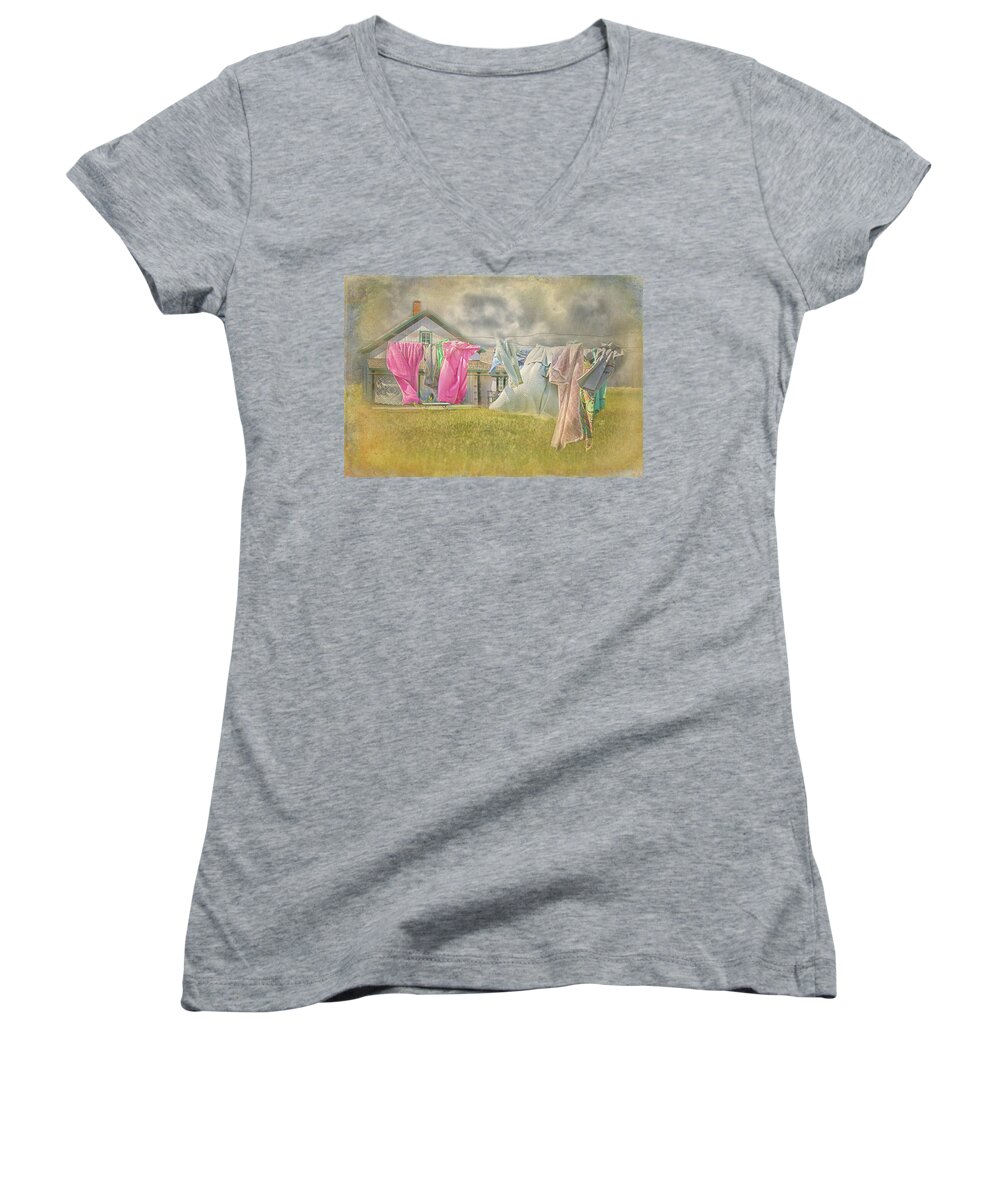 Clothesline Women's V-Neck featuring the digital art The Clothesline by Jolynn Reed