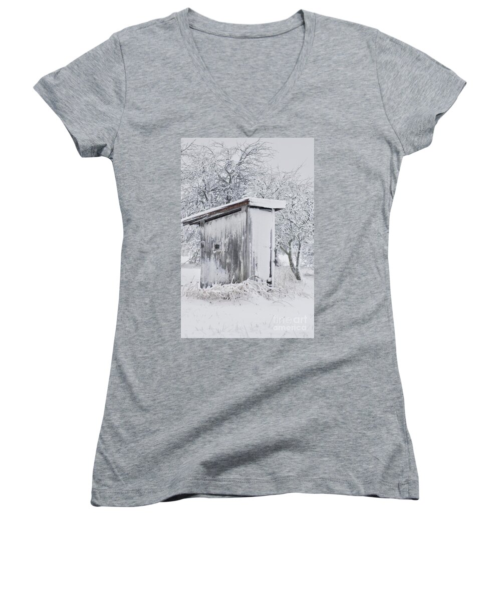 Outhouse Women's V-Neck featuring the photograph The Coldest Fifty Yard Dash by Benanne Stiens