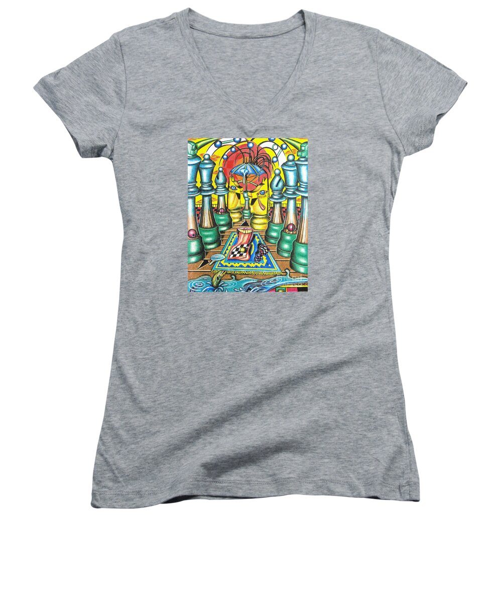 Chess Women's V-Neck featuring the drawing The Concealed Fate of an Imminent Surrender by Justin Jenkins