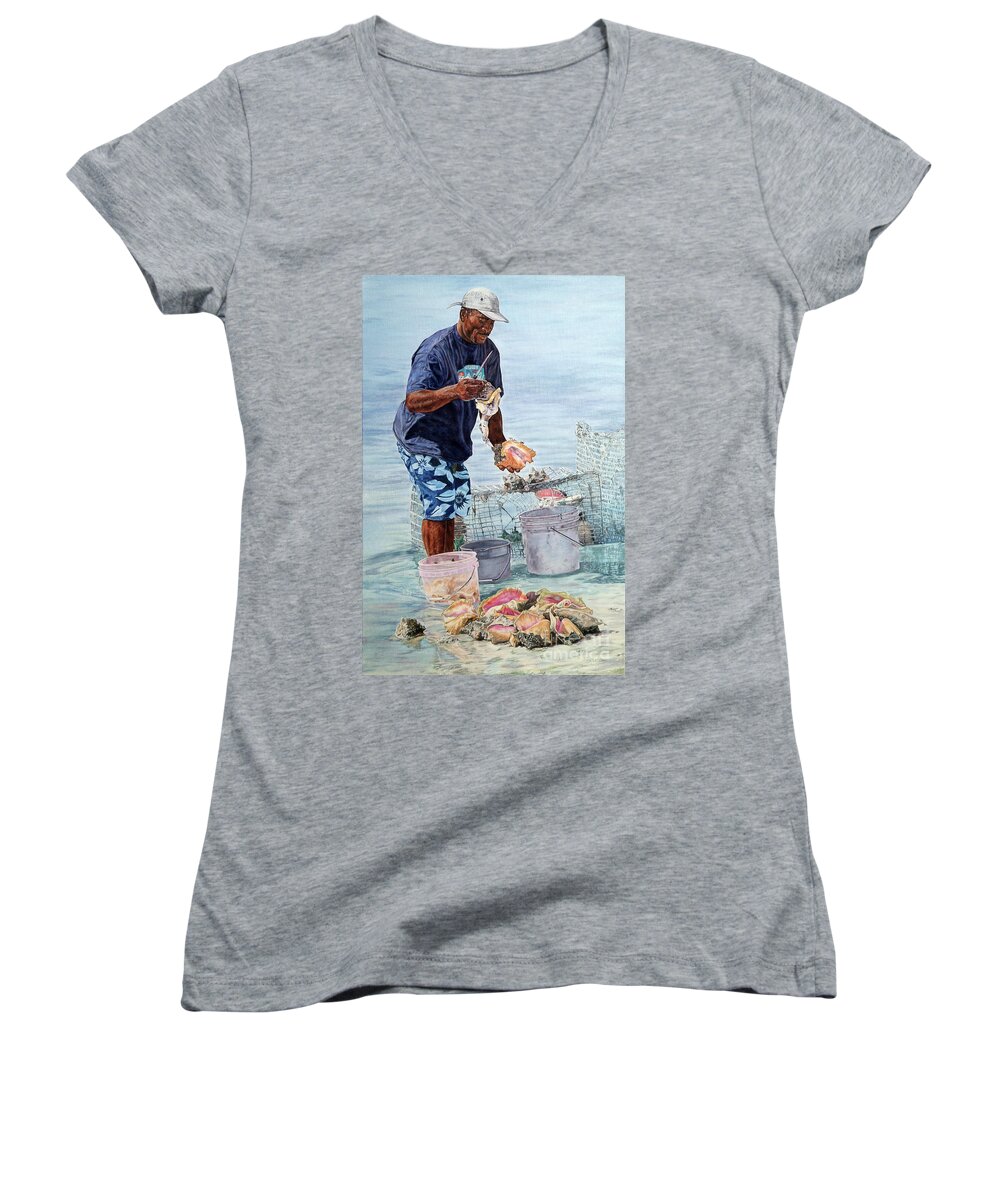 Roshanne Women's V-Neck featuring the painting The Conch Man by Roshanne Minnis-Eyma