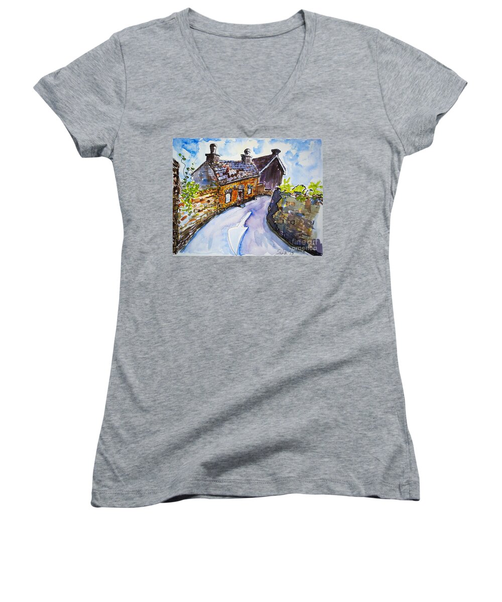 Watercolor Women's V-Neck featuring the painting The Cottage Kinsale by Lidija Ivanek - SiLa