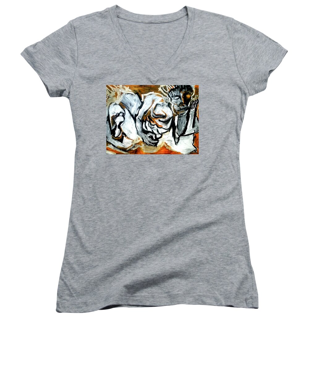 Reclining Figure Women's V-Neck featuring the drawing The Defiance of the Unsure by Helen Syron