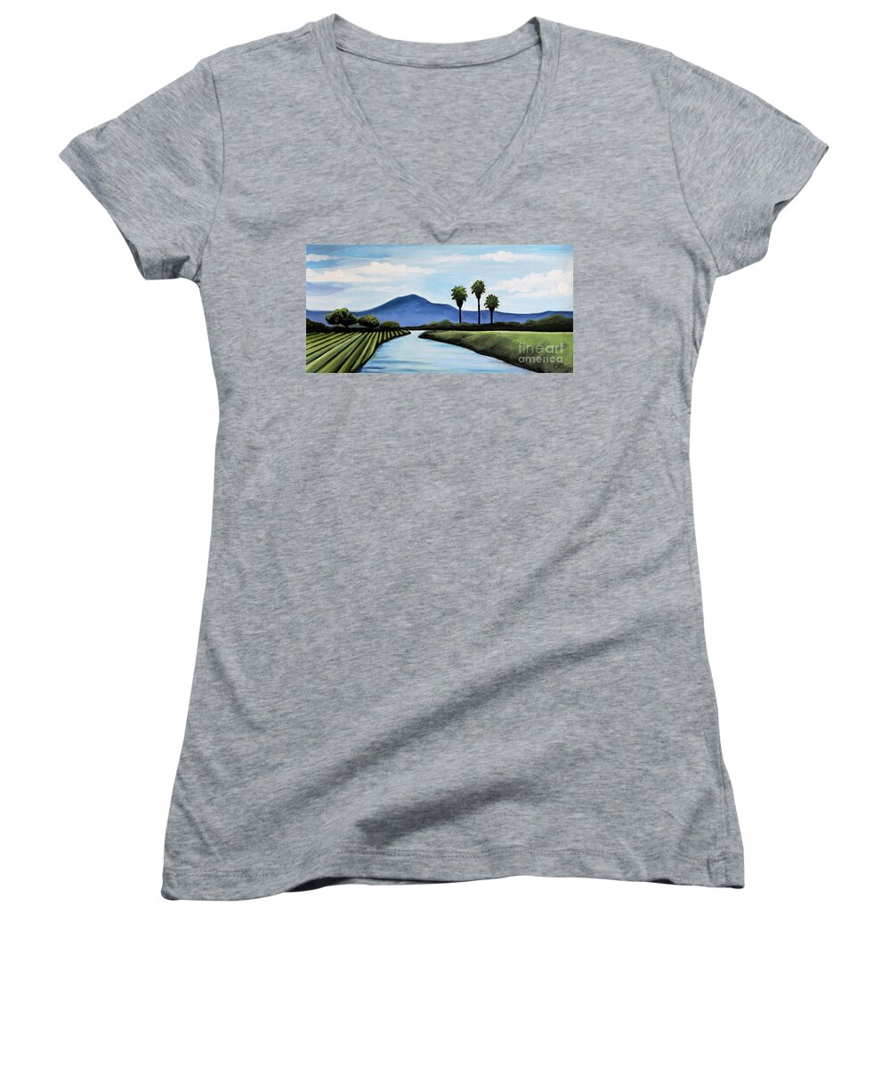  Landscape Women's V-Neck featuring the painting The Delta by Elizabeth Robinette Tyndall