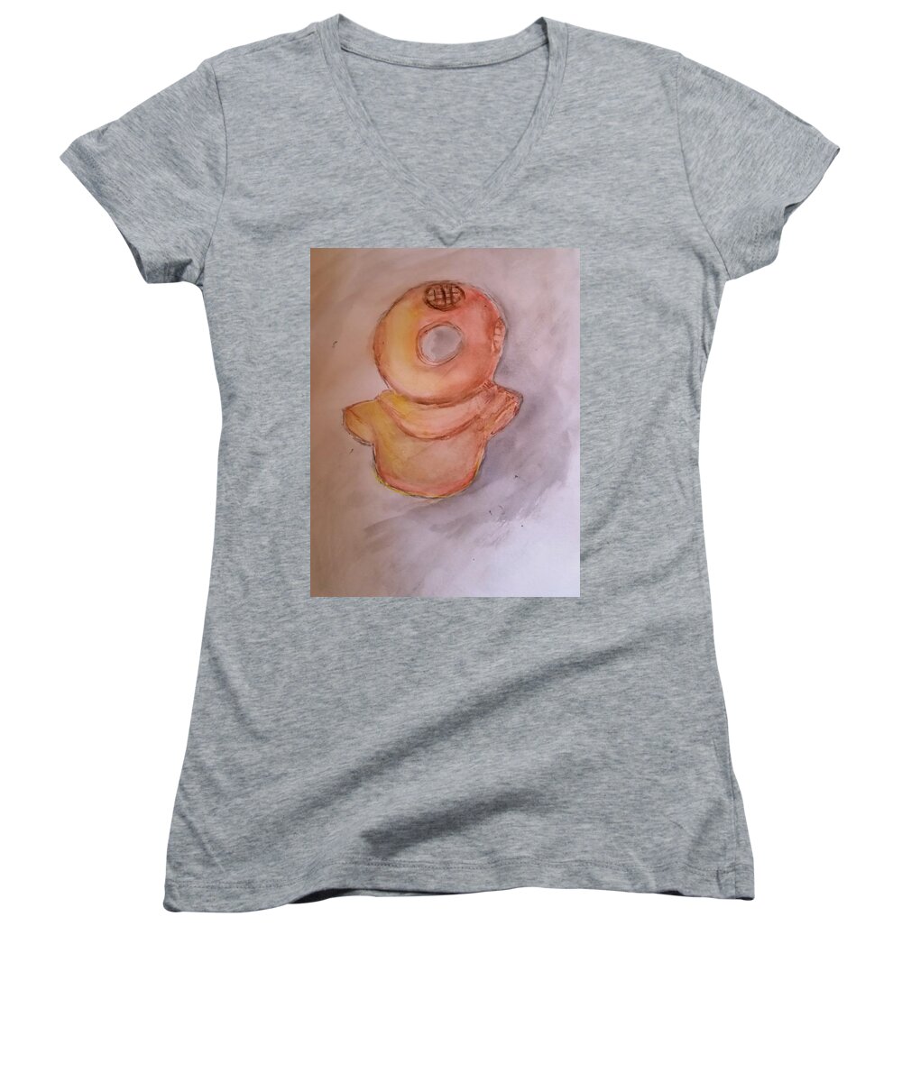 Watercolor Women's V-Neck featuring the painting The Divers Helmet by Stacie Siemsen