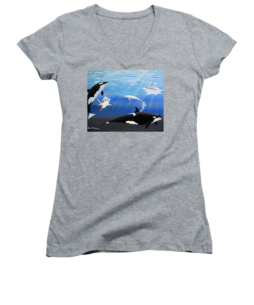 Killer Whales Women's V-Neck featuring the painting The Encounter by Luis F Rodriguez