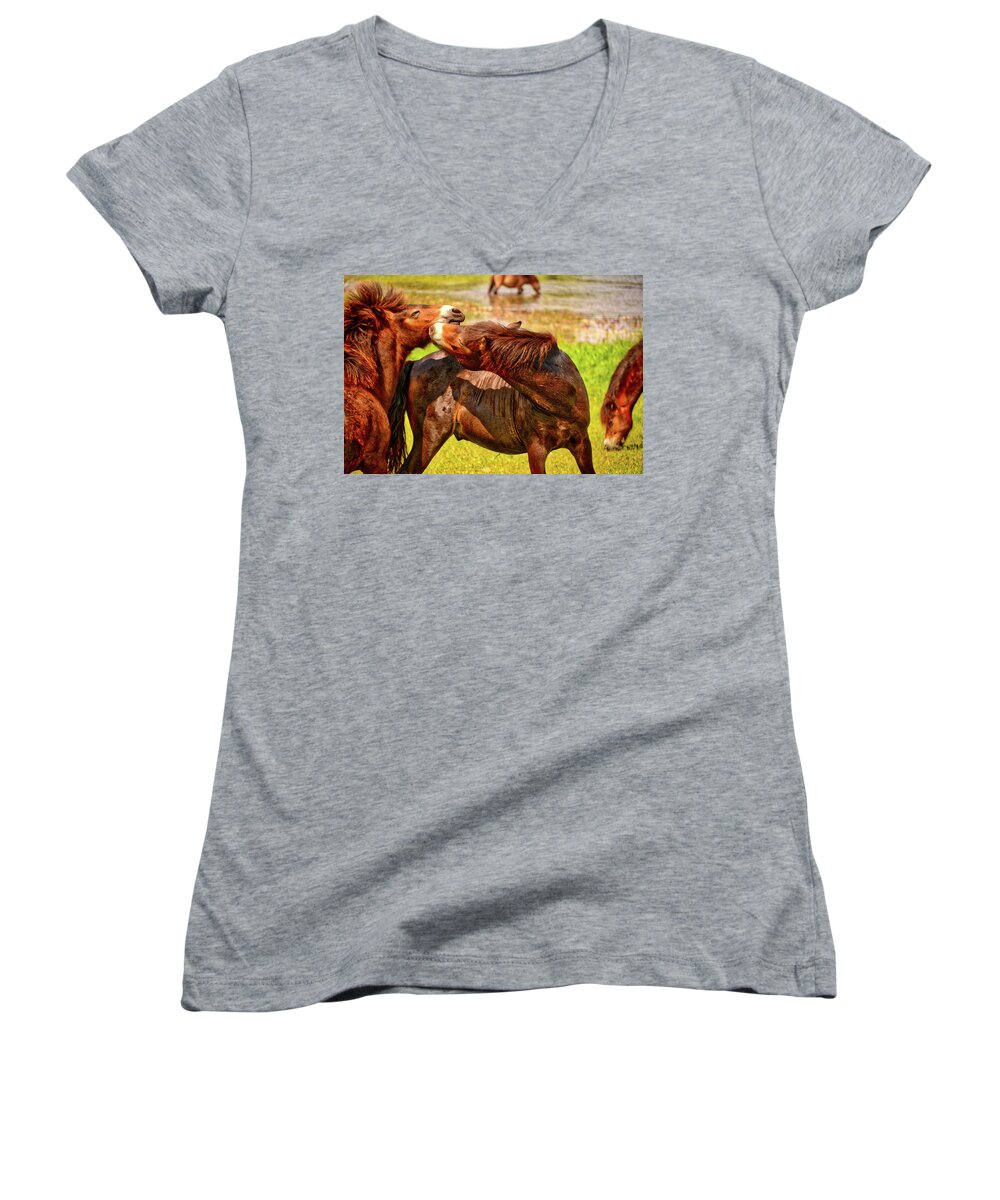 Nature Women's V-Neck featuring the photograph The fight by Ingrid Dendievel