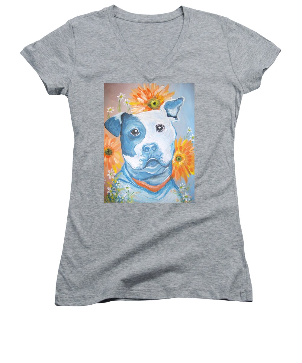 Dog Women's V-Neck featuring the painting The Flower Pitt by Leslie Manley