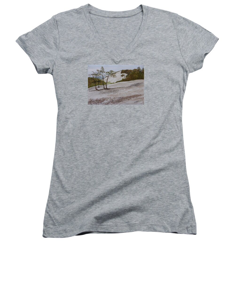 Stone Mountain Women's V-Neck featuring the painting The Four Sisters at Stone Mountain by Joel Deutsch