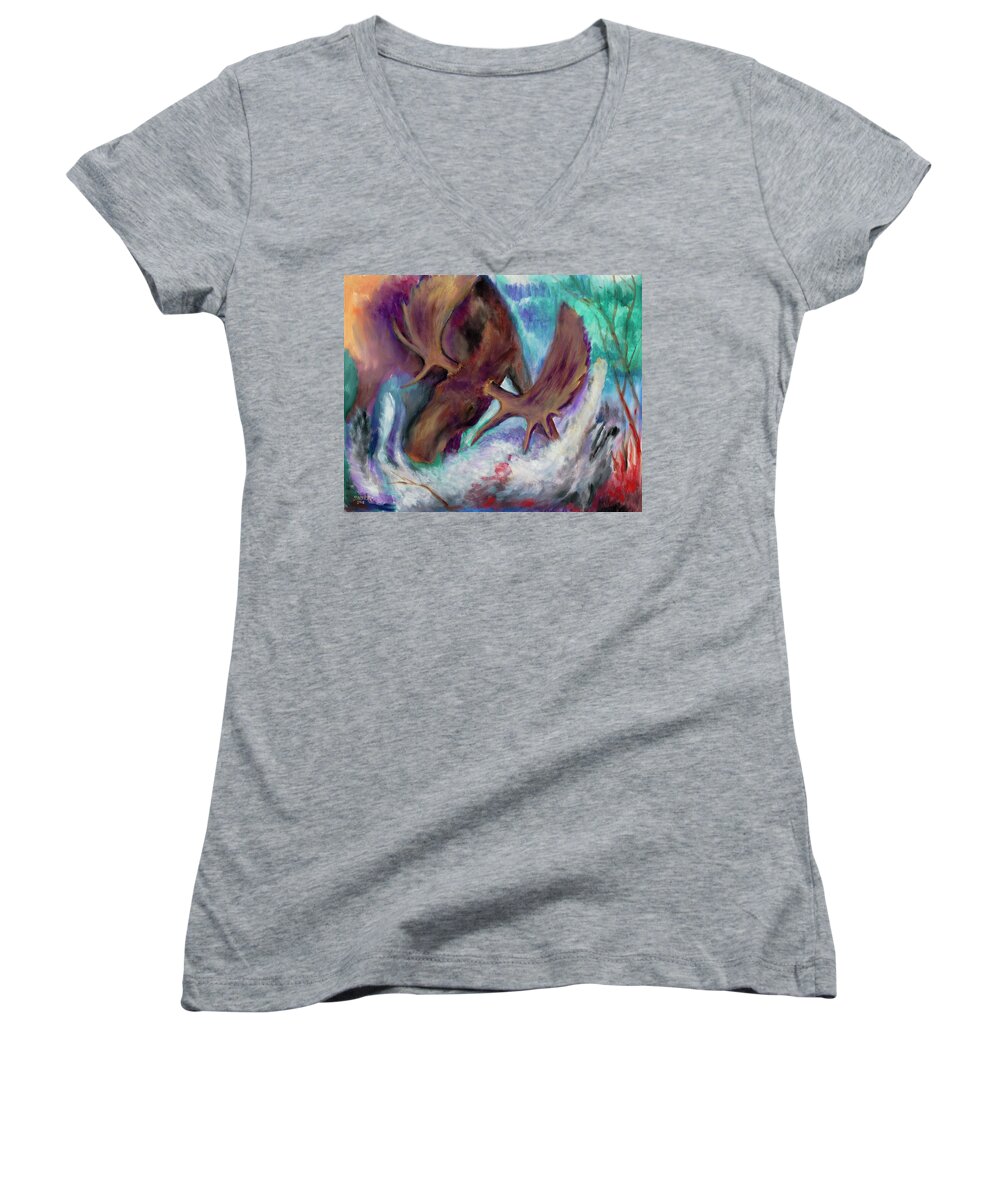 Moose Women's V-Neck featuring the painting The Fury by Joe Baltich