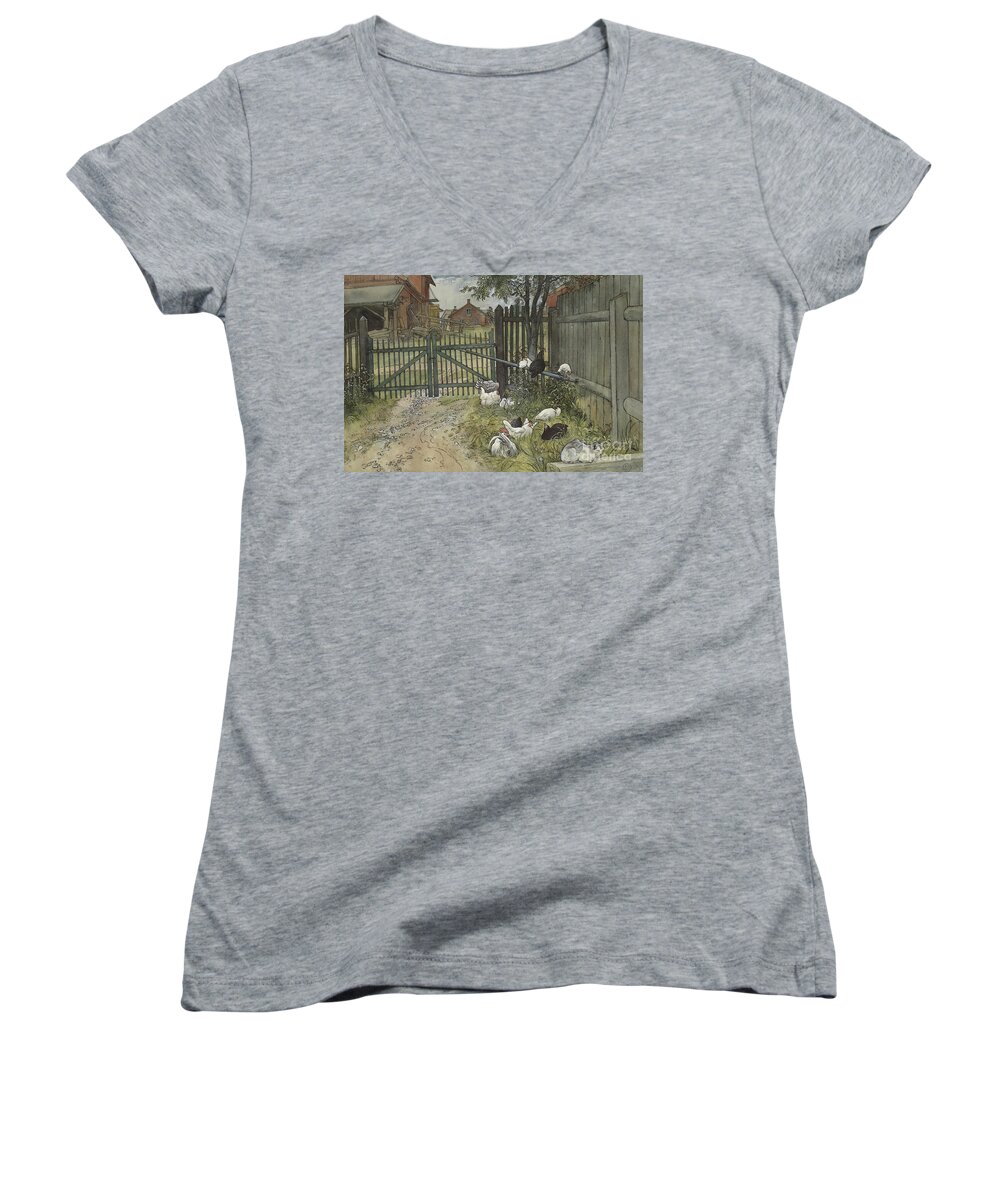 Scandanavian Women's V-Neck featuring the painting The Gate by Carl Larsson