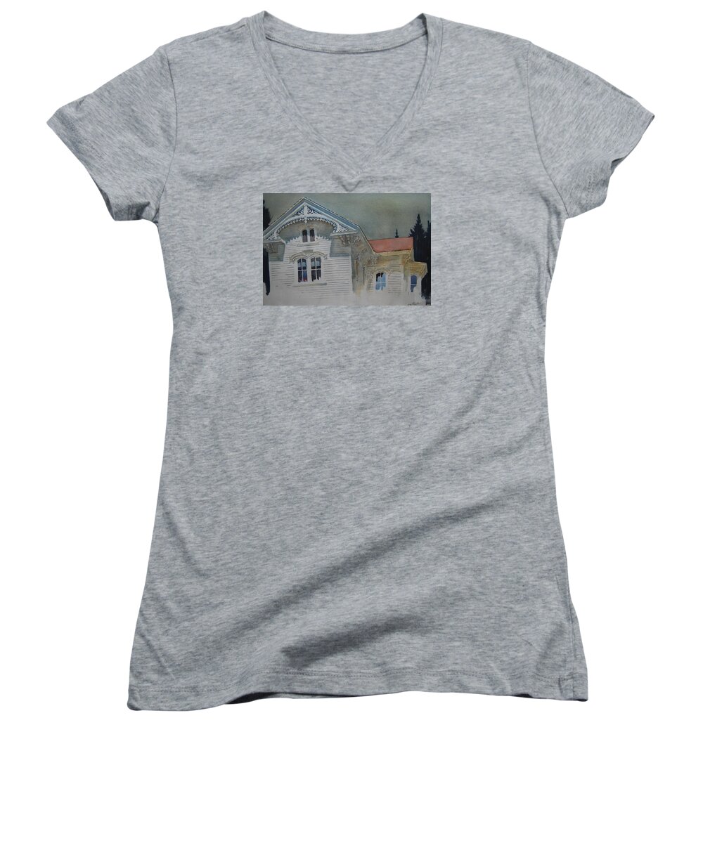 Berkshire Hills Paintings Women's V-Neck featuring the painting the Ginger Bread House by Len Stomski