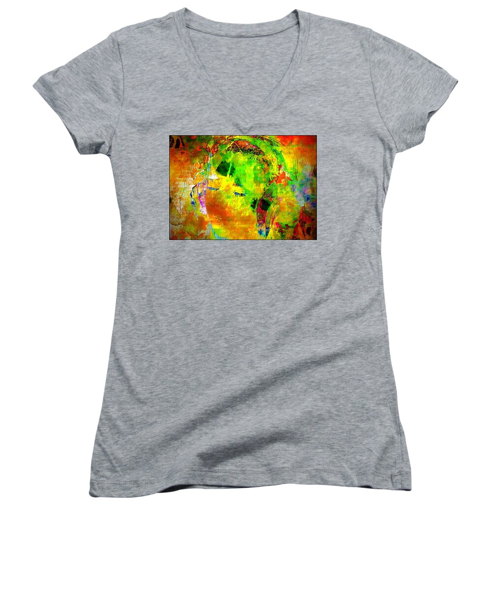 Headphones Women's V-Neck featuring the photograph The girl in headphones by Jean Francois Gil