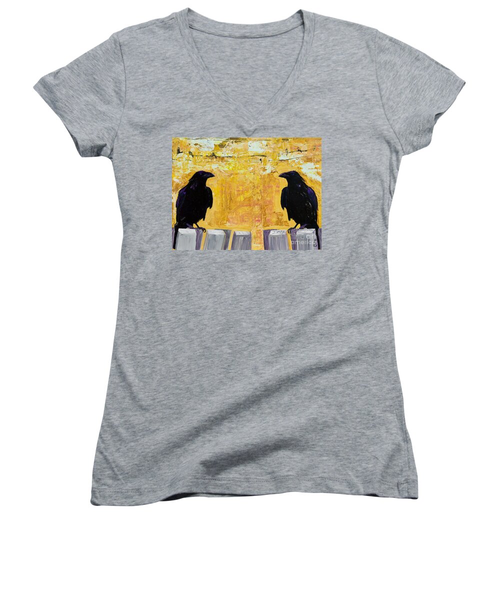 Abstract Realism Women's V-Neck featuring the painting The Gossips by Pat Saunders-White