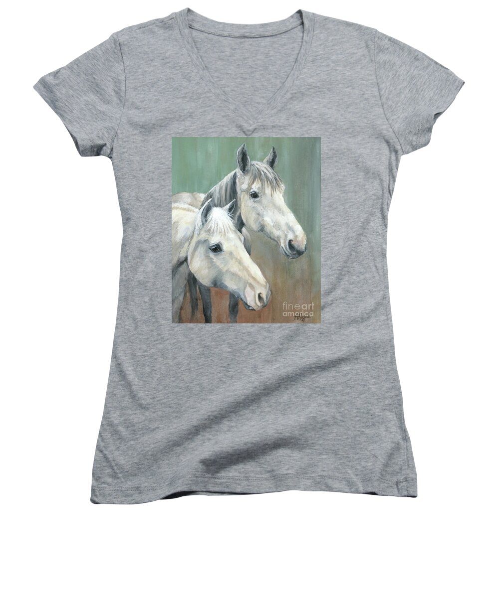 Horse Women's V-Neck featuring the painting The Grays - Horses by Amy Reges