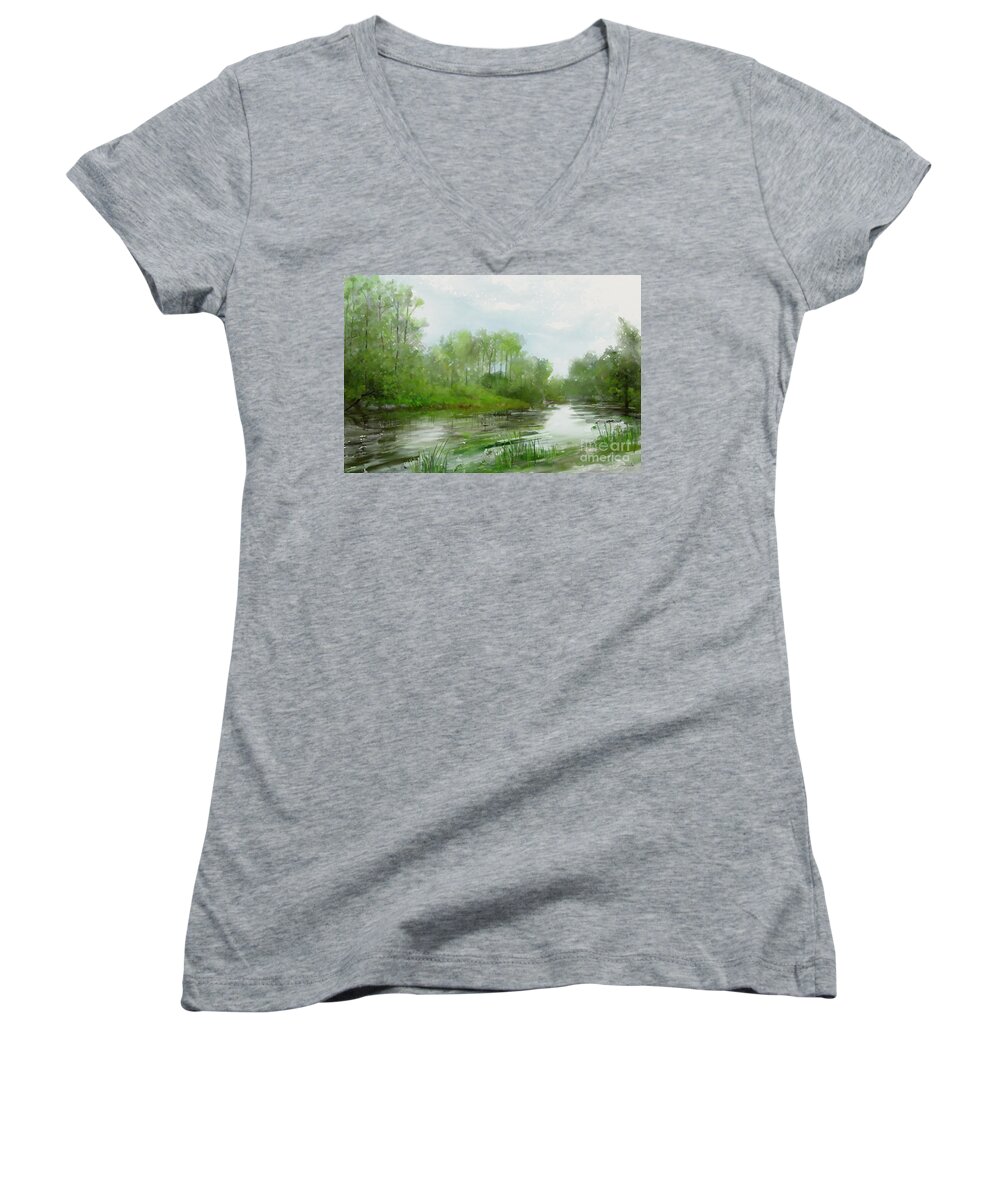 Painting Women's V-Neck featuring the painting The Green Magic of Ordinary Days by Ivana Westin