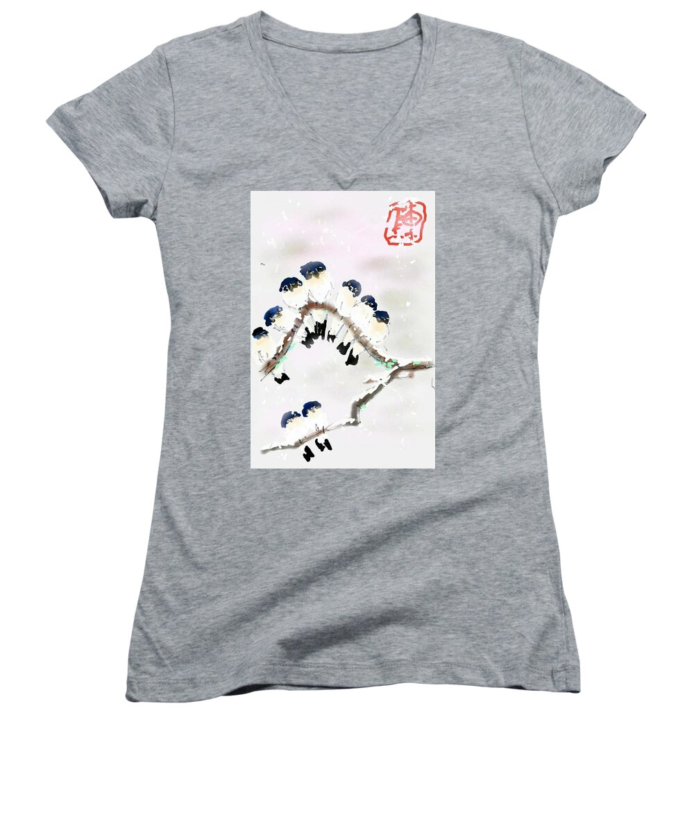 Birds. Winter. Snow Women's V-Neck featuring the digital art The Huddle by Debbi Saccomanno Chan