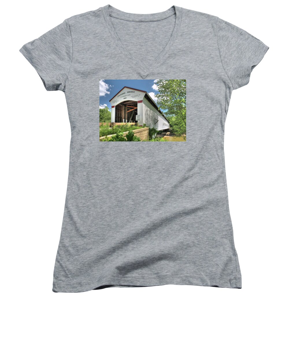 Covered Bridge Women's V-Neck featuring the photograph The Jackson Covered Bridge by Harold Rau