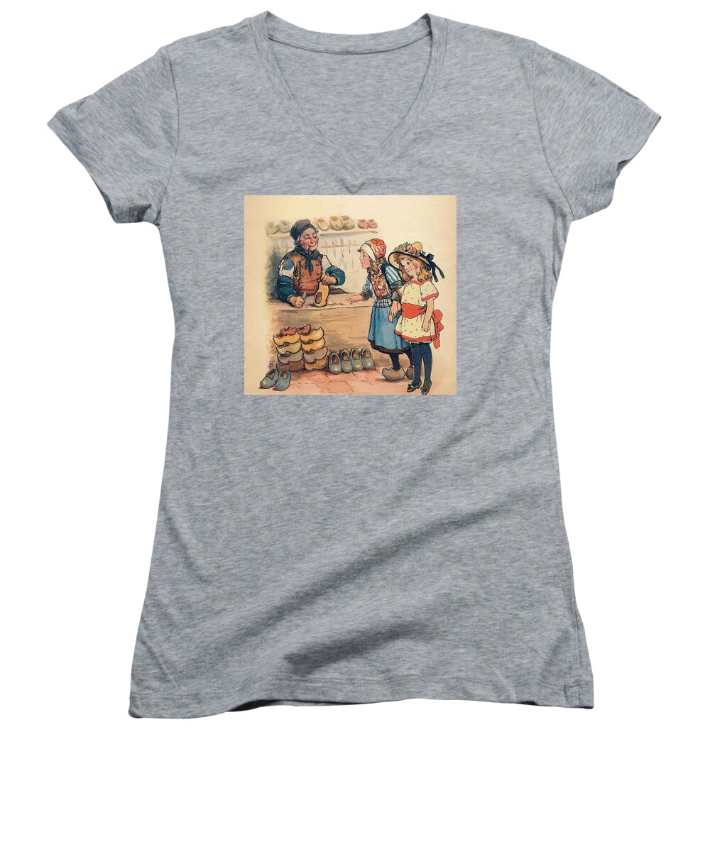 Dutch Women's V-Neck featuring the painting The Little Wooden Shoe Maker by Reynold Jay