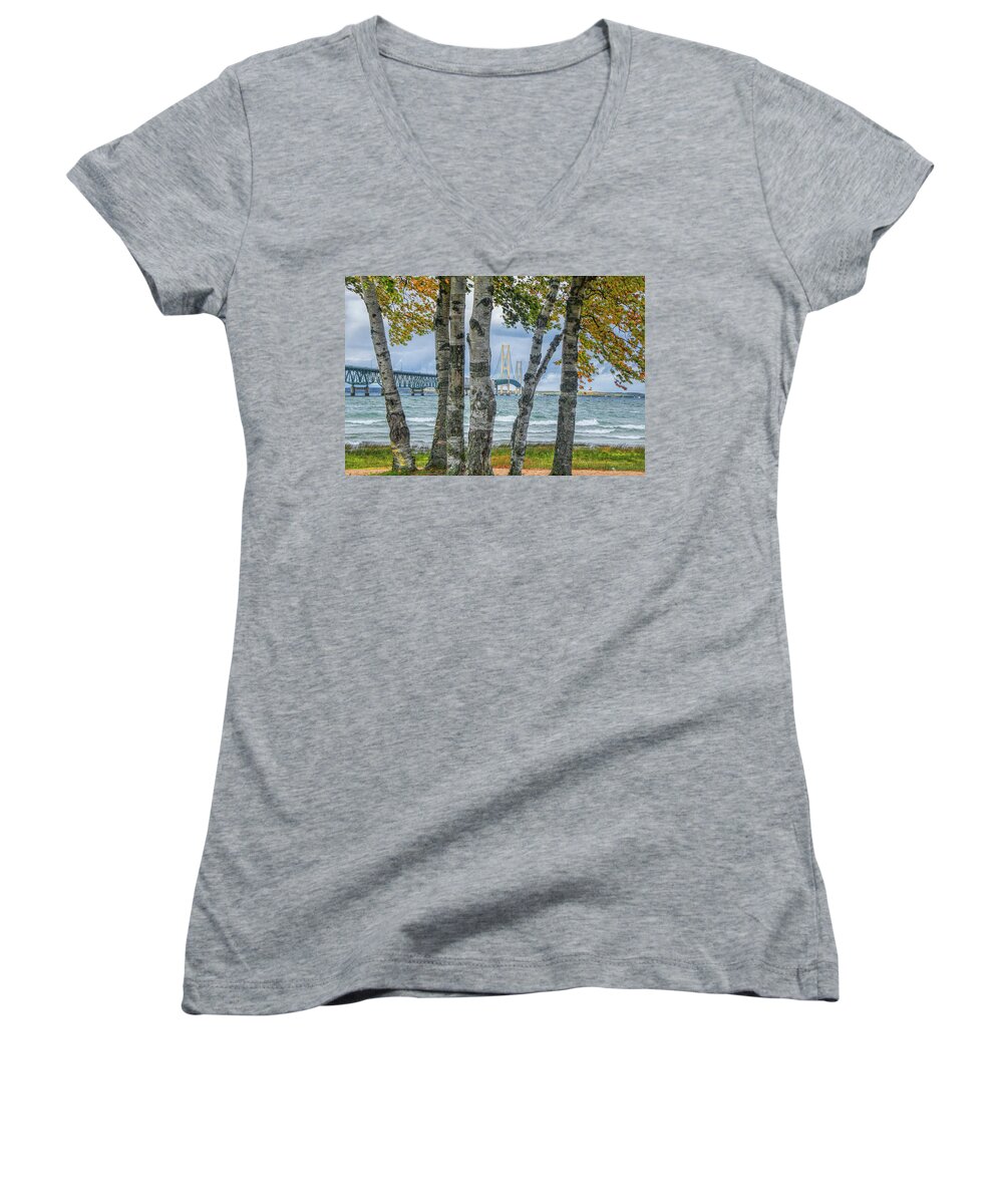 Art Women's V-Neck featuring the photograph The Mackinaw Bridge by the Straits of Mackinac in Autumn with Birch Trees by Randall Nyhof