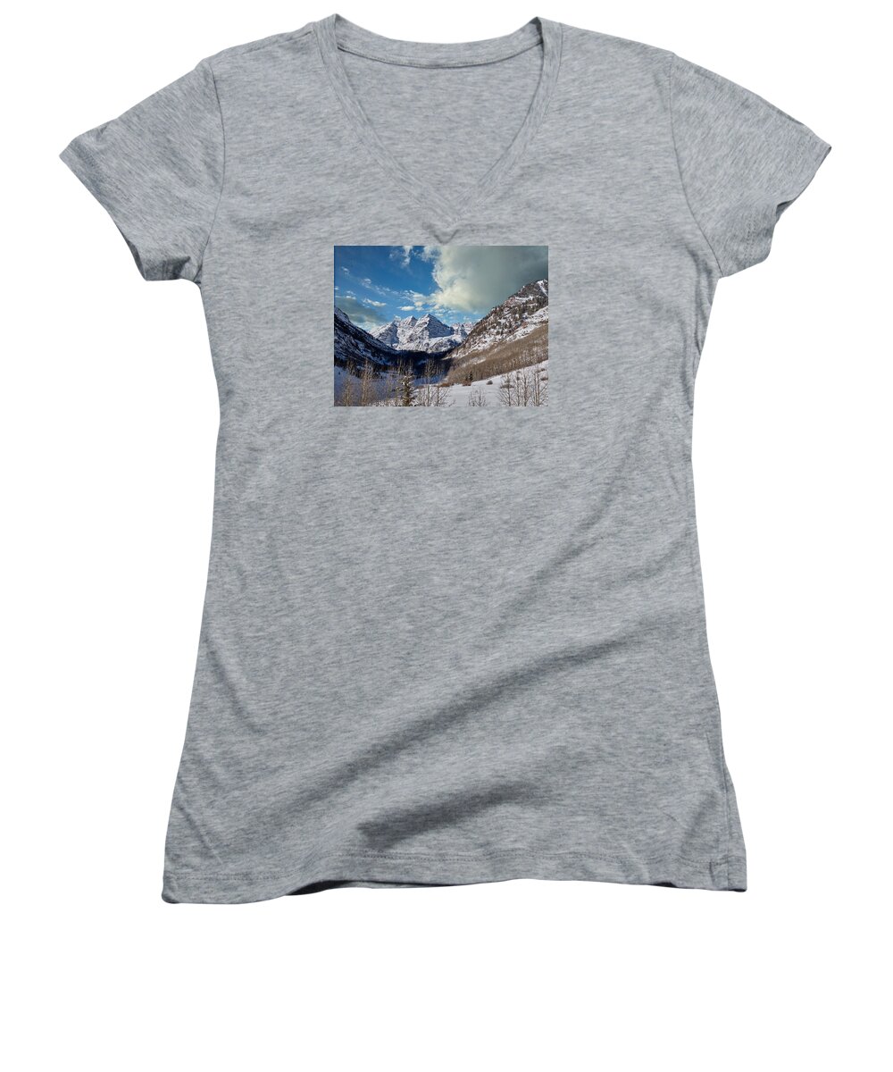  Women's V-Neck featuring the photograph The Maroon Bells twin peaks just outside Aspen by Carol M Highsmith