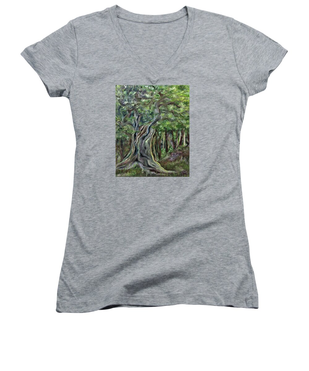 Fairy Tale Women's V-Neck featuring the painting The Om Tree by FT McKinstry