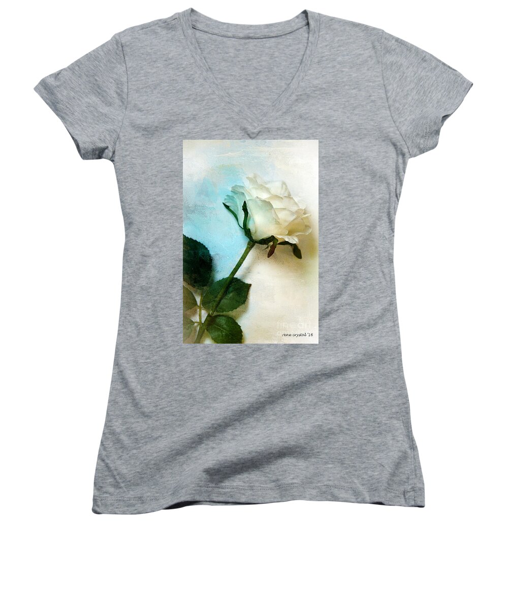Roses Women's V-Neck featuring the photograph The Petals Of A Soft White Rose by Rene Crystal